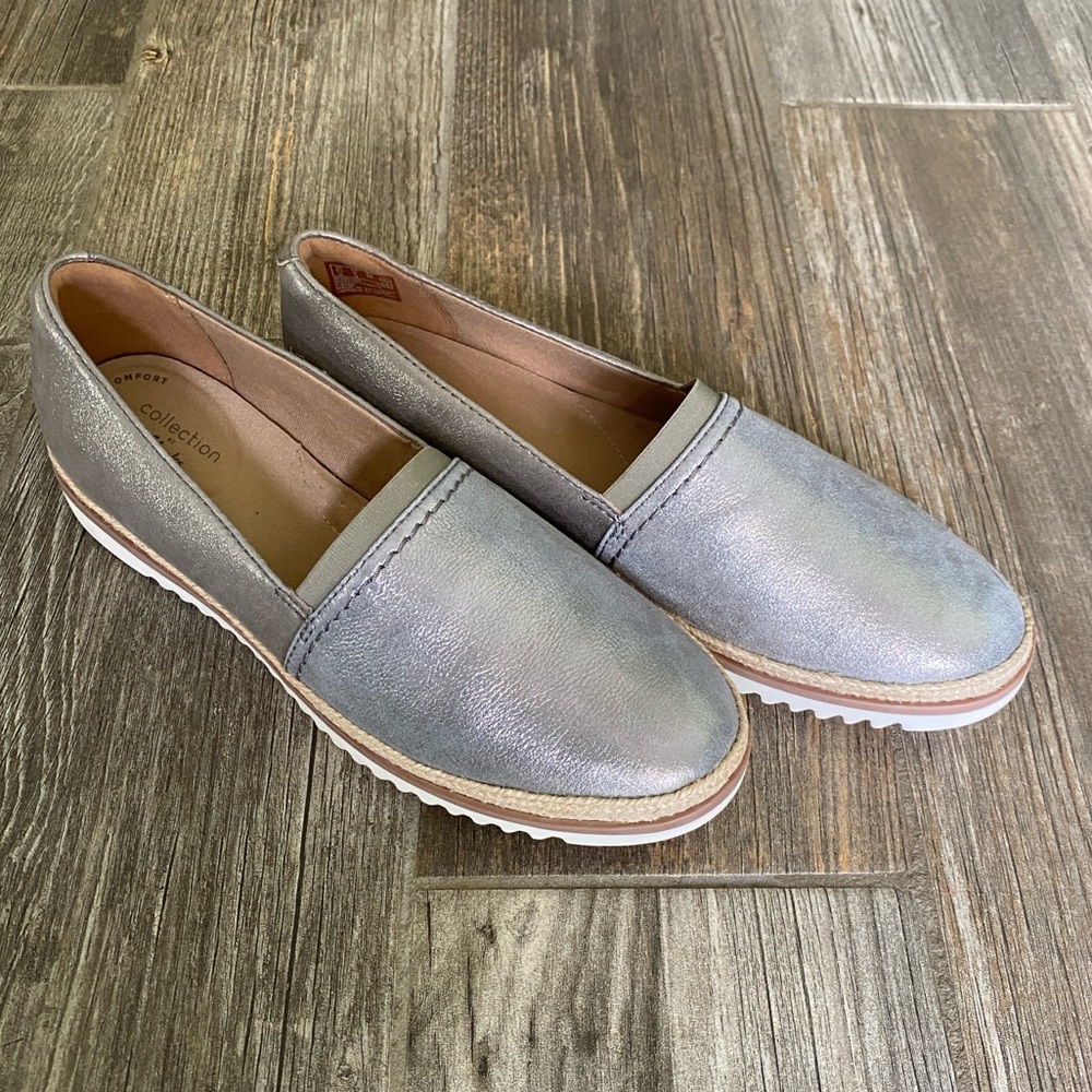 Clarks Slip-Ons Flats Pewter Metallic Silver Leather Serena Paige Women’s Size 8